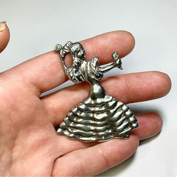 Vintage Sterling Silver Turquoise Mexican Flamenco Dancer Brooch - Picture 4 of 5